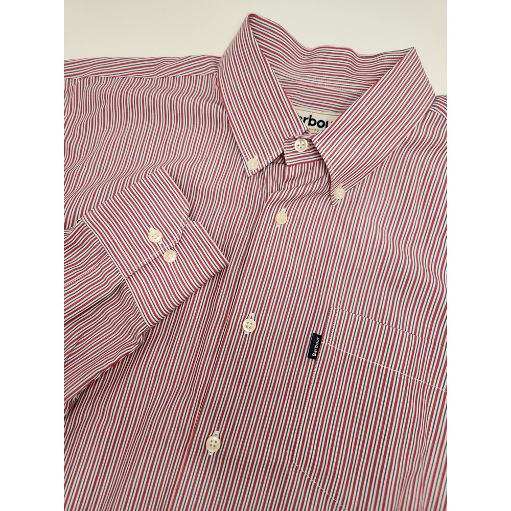Barbour Skelton Shirt Men's L Long Sleeve Red Striped Button Down Regular‎ Fit